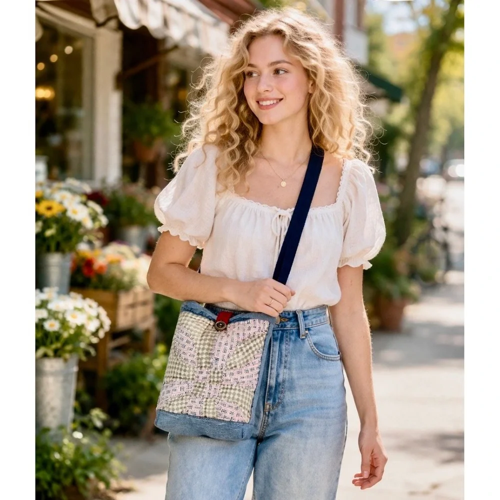 Handmade Quilted‎ Patchwork Denim Crossbody Bag Toile Lining Blue Tan Small